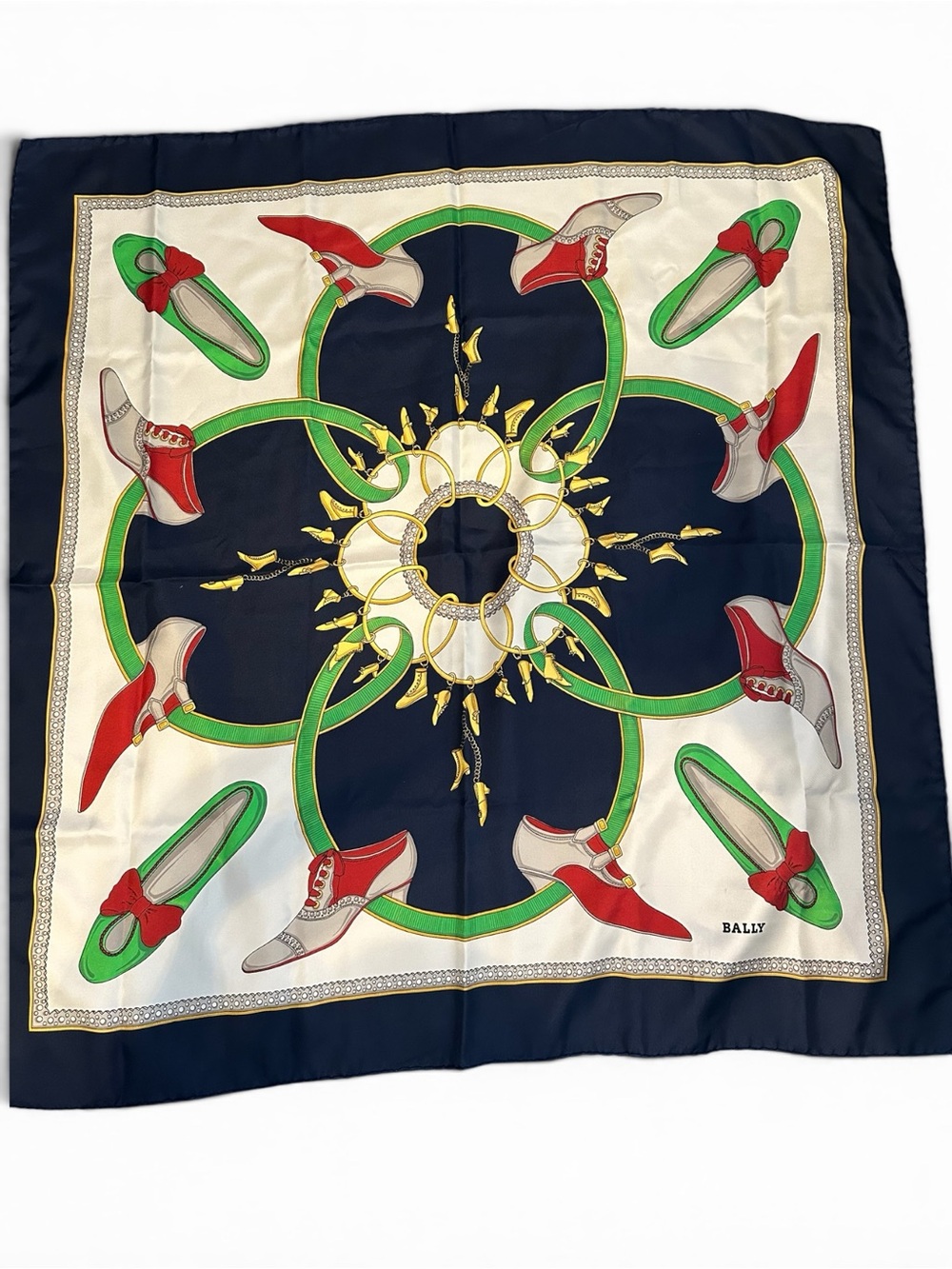 Vintage Bally Silk Scarf 34” Shoe Print Carré Italy Navy Red Green